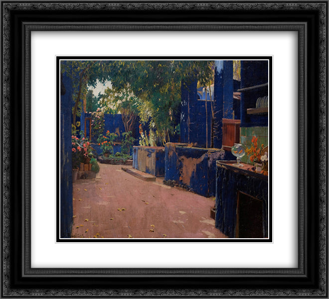 Blue Courtyard, Arenys de Munt 22x20 Black Ornate Wood Framed Art Print Poster with Double Matting by Rusinol, Santiago