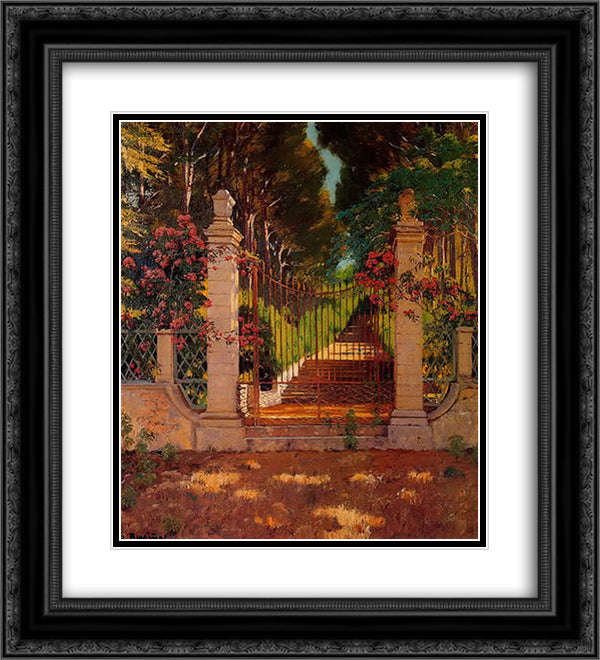 La verja 20x22 Black Ornate Wood Framed Art Print Poster with Double Matting by Rusinol, Santiago