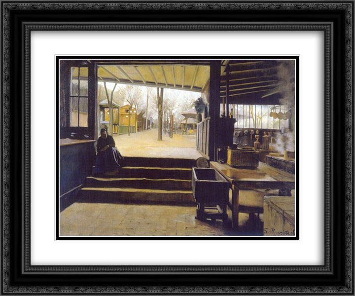 The kitchens, Moulin de la Galette 24x20 Black Ornate Wood Framed Art Print Poster with Double Matting by Rusinol, Santiago