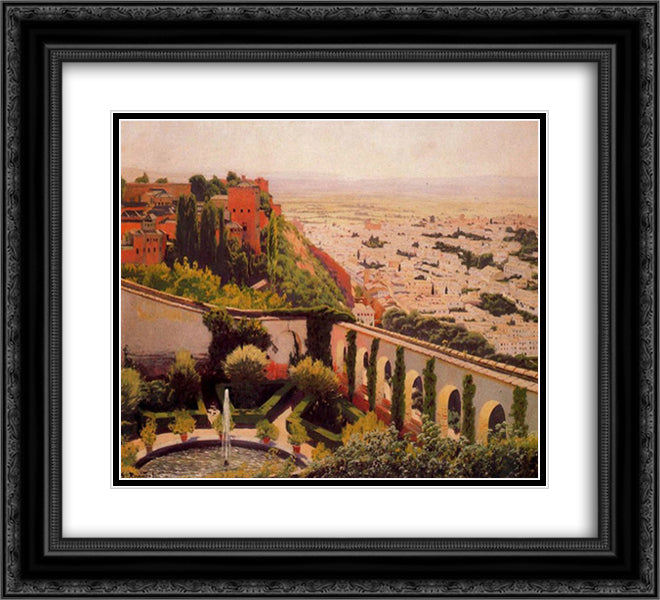 View of Granada 22x20 Black Ornate Wood Framed Art Print Poster with Double Matting by Rusinol, Santiago