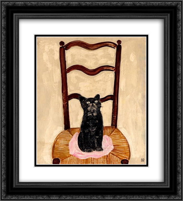 Cat on a Chair 20x22 Black Ornate Wood Framed Art Print Poster with Double Matting by Sanyu