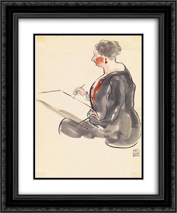 Female painter wearing a Beryl ring 20x24 Black Ornate Wood Framed Art Print Poster with Double Matting by Sanyu