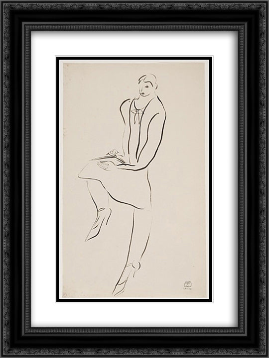 Femme lisant genou droit 18x24 Black Ornate Wood Framed Art Print Poster with Double Matting by Sanyu