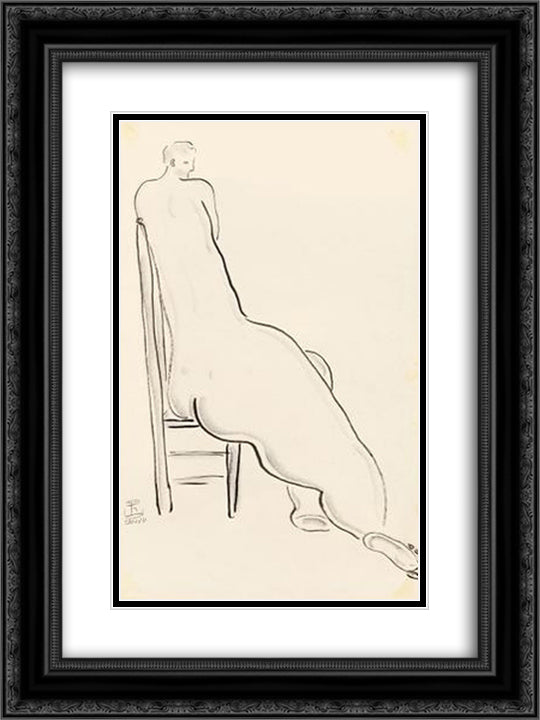 Nude on High Back Chair 18x24 Black Ornate Wood Framed Art Print Poster with Double Matting by Sanyu