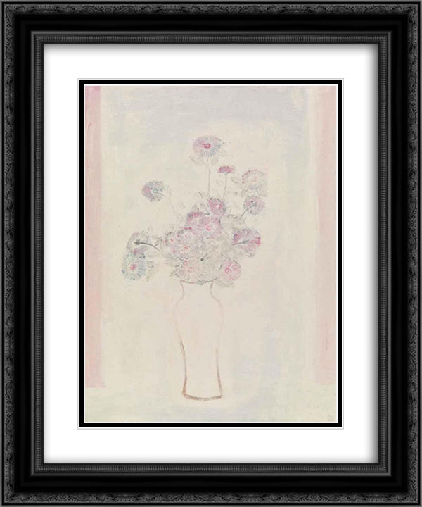 Pink Chrysanthemums in a White Vase 20x24 Black Ornate Wood Framed Art Print Poster with Double Matting by Sanyu