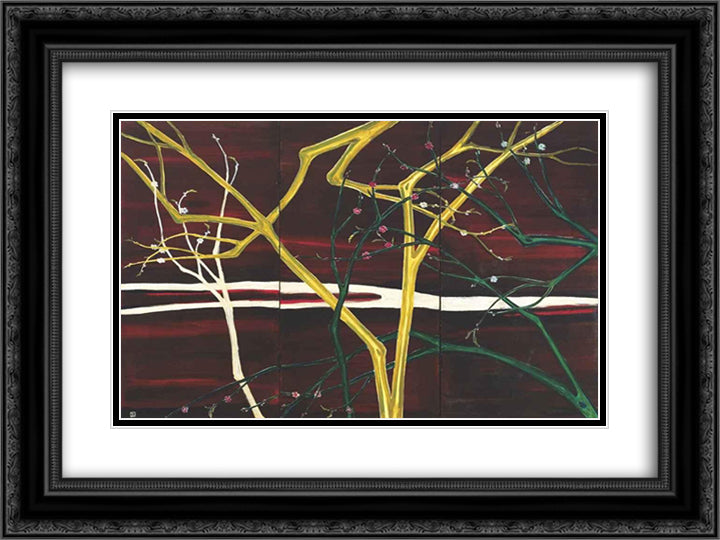 Pink Plum Blossoms & Green Branches - a three - folded screen 24x18 Black Ornate Wood Framed Art Print Poster with Double Matting by Sanyu
