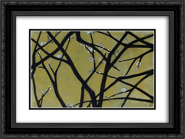 White Plum Blossoms 24x18 Black Ornate Wood Framed Art Print Poster with Double Matting by Sanyu