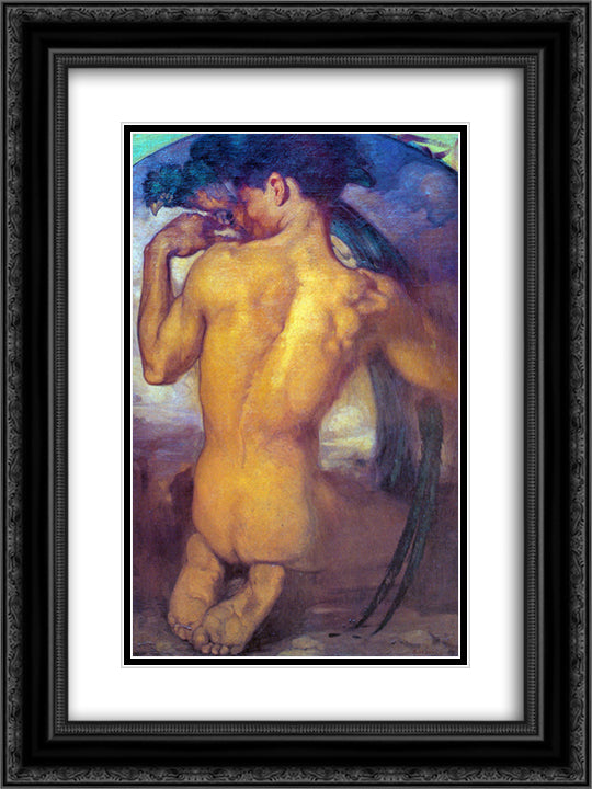 El Quetzal 18x24 Black Ornate Wood Framed Art Print Poster with Double Matting by Herran, Saturnino