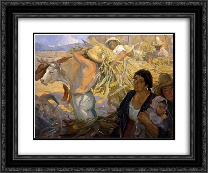 La cosecha 24x20 Black Ornate Wood Framed Art Print Poster with Double Matting by Herran, Saturnino