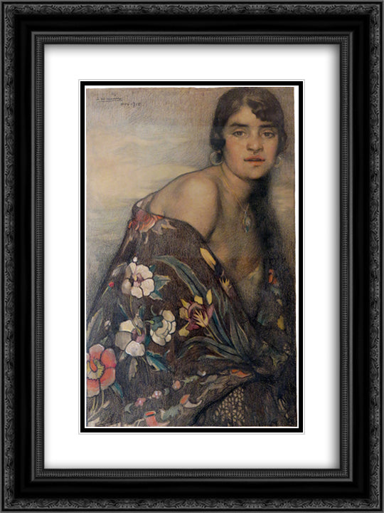 La criolla del manton 18x24 Black Ornate Wood Framed Art Print Poster with Double Matting by Herran, Saturnino