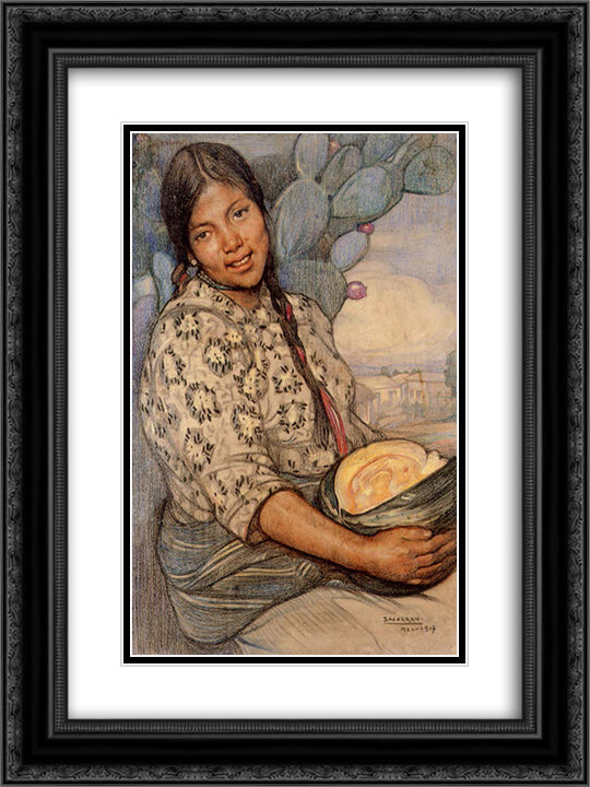 Mujer con calabaza 18x24 Black Ornate Wood Framed Art Print Poster with Double Matting by Herran, Saturnino