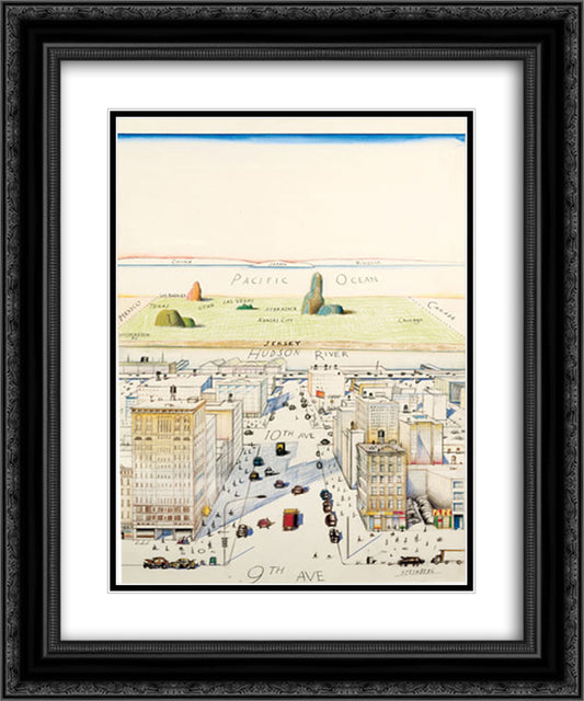 View of the World from 9th Avenue 20x24 Black Ornate Wood Framed Art Print Poster with Double Matting by Steinberg, Saul