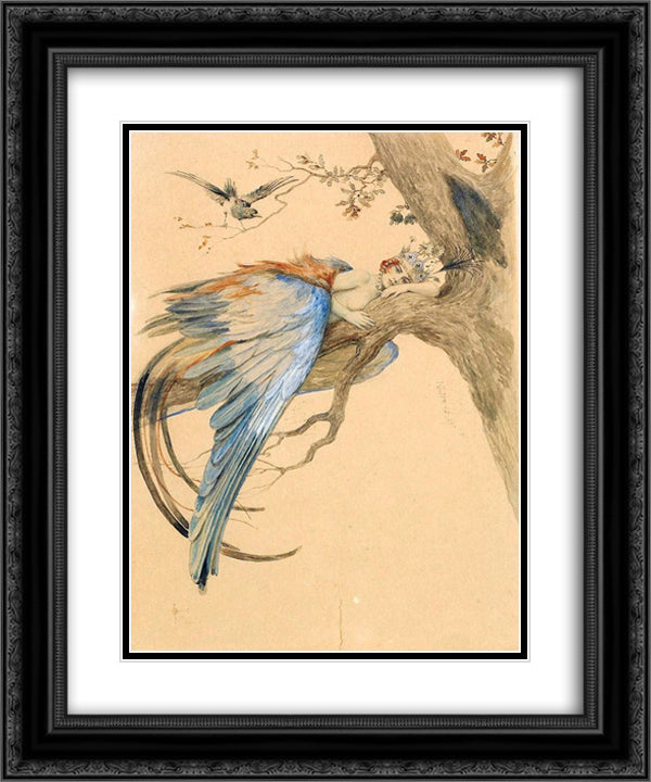 Blue Bird (Bird Sirin) 20x24 Black Ornate Wood Framed Art Print Poster with Double Matting by Solomko, Sergey