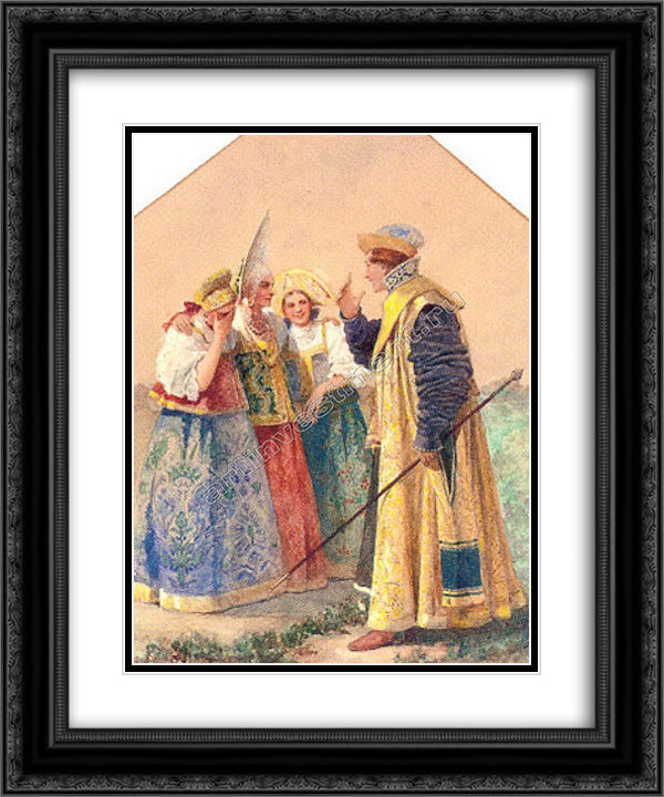 Flirting Boyar 20x24 Black Ornate Wood Framed Art Print Poster with Double Matting by Solomko, Sergey
