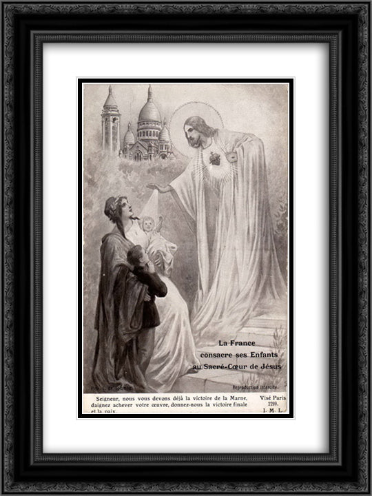 France blesses his children before the Sacred Heart of Jesus 18x24 Black Ornate Wood Framed Art Print Poster with Double Matting by Solomko, Sergey