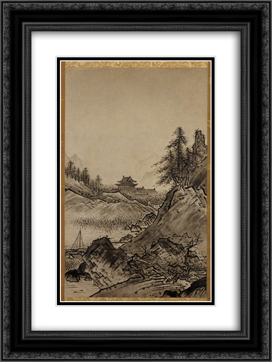 Landscape 18x24 Black Ornate Wood Framed Art Print Poster with Double Matting by Toyo, Sesshu