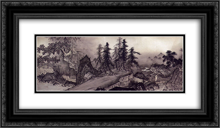 Sansui chokan, detail 24x14 Black Ornate Wood Framed Art Print Poster with Double Matting by Toyo, Sesshu