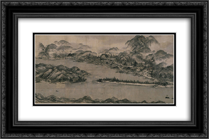 View of Ama-no-Hashidate 24x16 Black Ornate Wood Framed Art Print Poster with Double Matting by Toyo, Sesshu