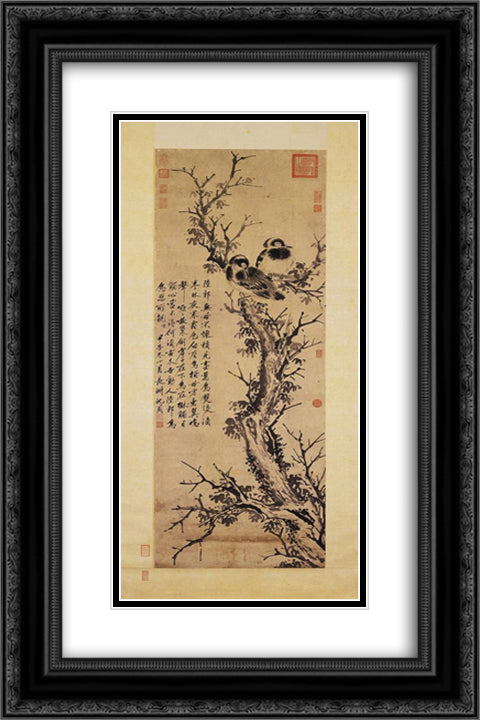 Two Crows in a Tree 16x24 Black Ornate Wood Framed Art Print Poster with Double Matting by Zhou, Shen