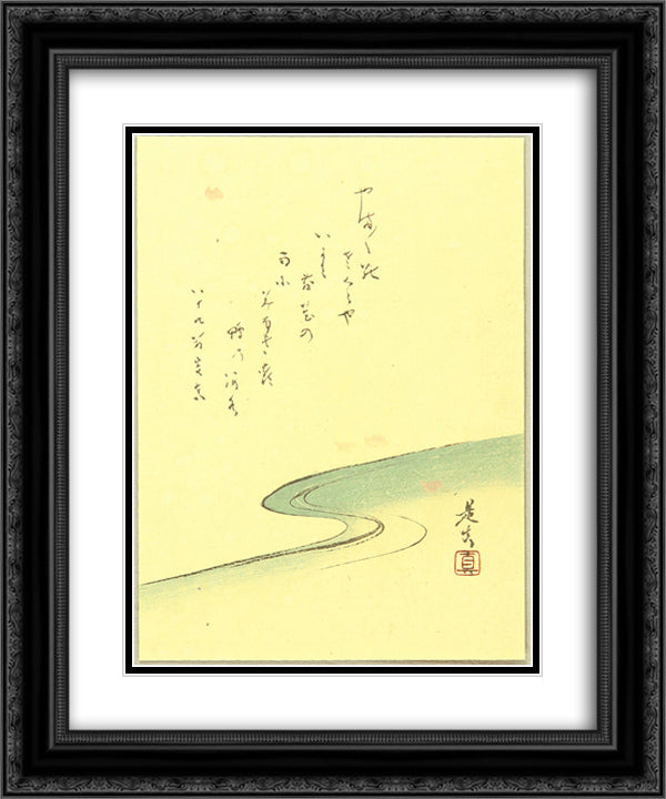 Poem and Falling Cherry Petals 20x24 Black Ornate Wood Framed Art Print Poster with Double Matting by Zeshin, Shibata