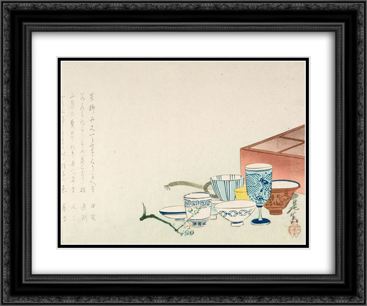 Porcelain Cups 24x20 Black Ornate Wood Framed Art Print Poster with Double Matting by Zeshin, Shibata