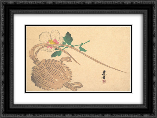 Straw Basket for Fish and Mokuge Flower 24x18 Black Ornate Wood Framed Art Print Poster with Double Matting by Zeshin, Shibata
