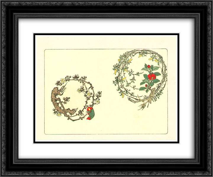 Two Wreaths - Comparison of Flowers 24x20 Black Ornate Wood Framed Art Print Poster with Double Matting by Zeshin, Shibata