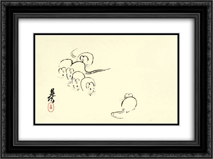 White Rats 24x18 Black Ornate Wood Framed Art Print Poster with Double Matting by Zeshin, Shibata