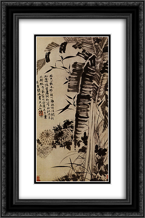 Banana, bamboo, chrysanthemums, orchids 16x24 Black Ornate Wood Framed Art Print Poster with Double Matting by Shitao