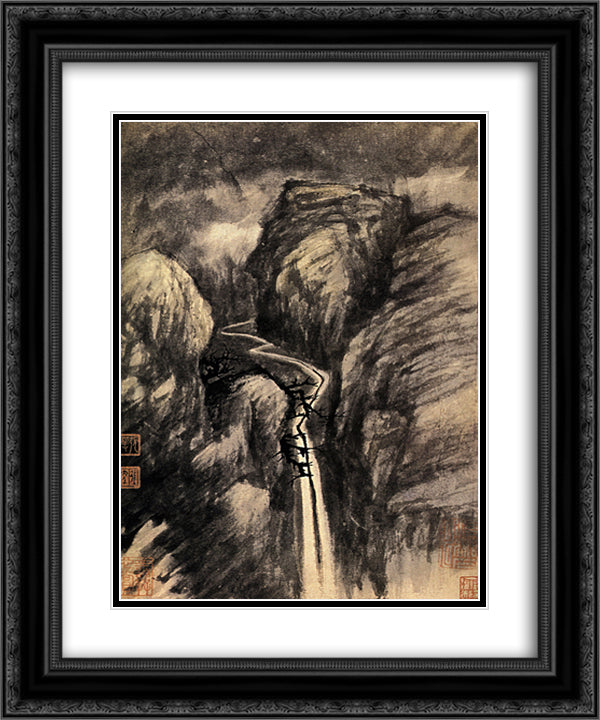 La Grande Cascade 20x24 Black Ornate Wood Framed Art Print Poster with Double Matting by Shitao