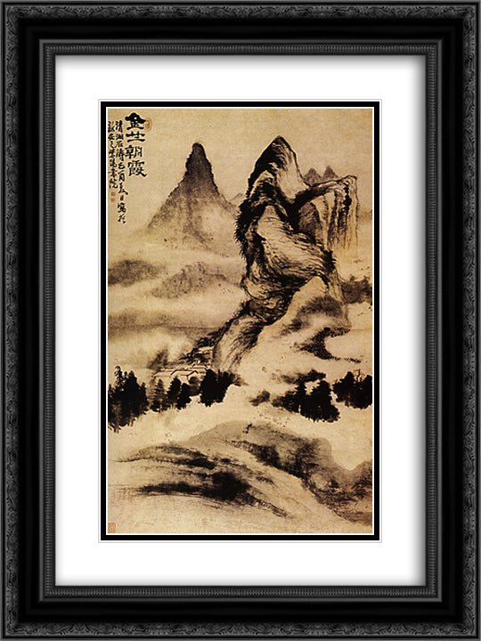 Light of dawn on the monastery 18x24 Black Ornate Wood Framed Art Print Poster with Double Matting by Shitao