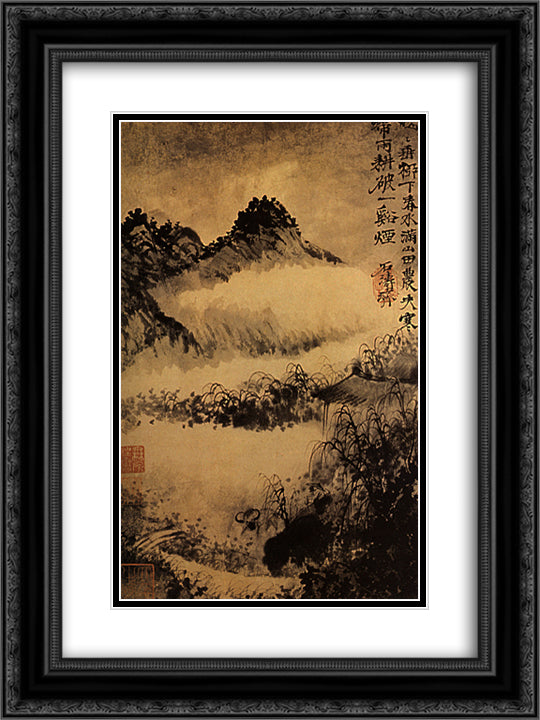 Not far from Mount Huang, the buffalo in the rice field 18x24 Black Ornate Wood Framed Art Print Poster with Double Matting by Shitao