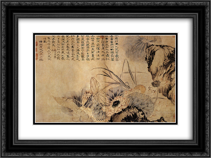 On the Lotus Pond 24x18 Black Ornate Wood Framed Art Print Poster with Double Matting by Shitao