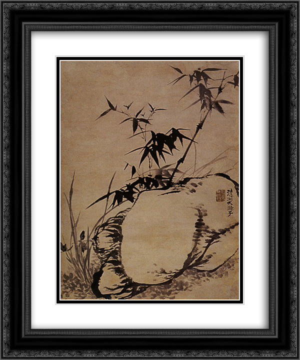 Orchids, bamboo, rock 20x24 Black Ornate Wood Framed Art Print Poster with Double Matting by Shitao