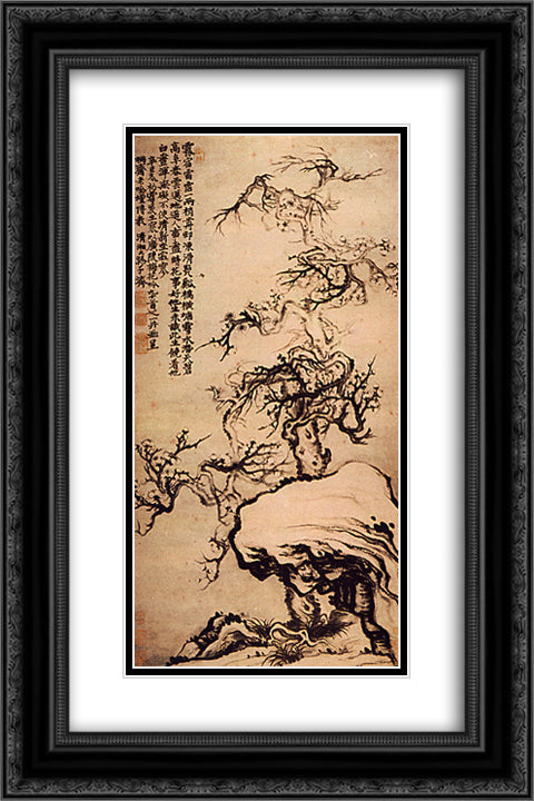 Prunus among the Rocks 16x24 Black Ornate Wood Framed Art Print Poster with Double Matting by Shitao