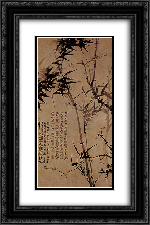 Prunus in flower and bamboo 16x24 Black Ornate Wood Framed Art Print Poster with Double Matting by Shitao
