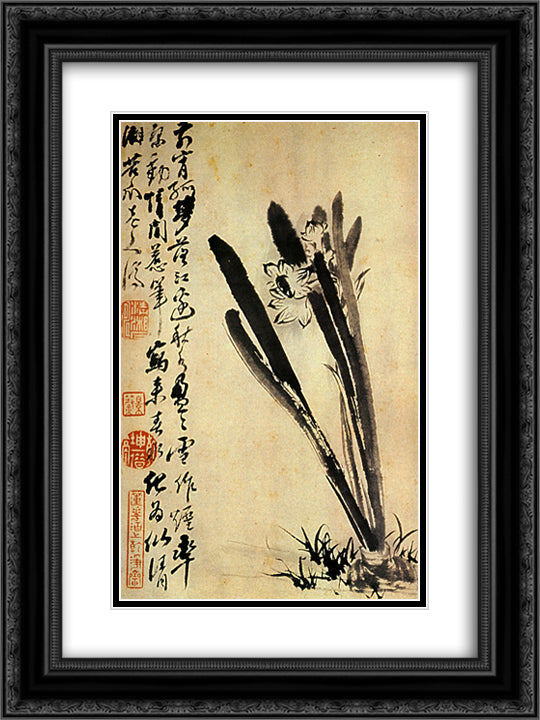 The Daffodils 18x24 Black Ornate Wood Framed Art Print Poster with Double Matting by Shitao
