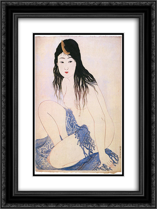 Awabi Pearl Fisher 18x24 Black Ornate Wood Framed Art Print Poster with Double Matting by Takahashi, Shotei