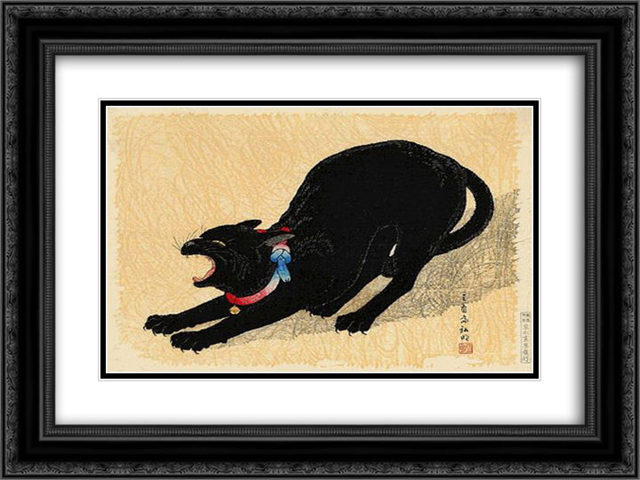 Cat with Bell 24x18 Black Ornate Wood Framed Art Print Poster with Double Matting by Takahashi, Shotei