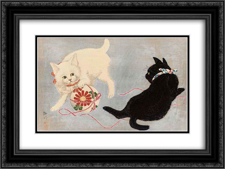 Cats with Ball 24x18 Black Ornate Wood Framed Art Print Poster with Double Matting by Takahashi, Shotei