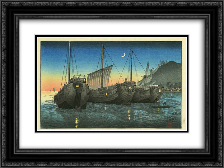 Junks in Inatori Bay 24x18 Black Ornate Wood Framed Art Print Poster with Double Matting by Takahashi, Shotei