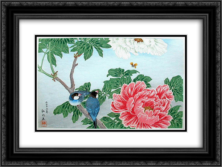 Peony and Paddy-birds 24x18 Black Ornate Wood Framed Art Print Poster with Double Matting by Takahashi, Shotei