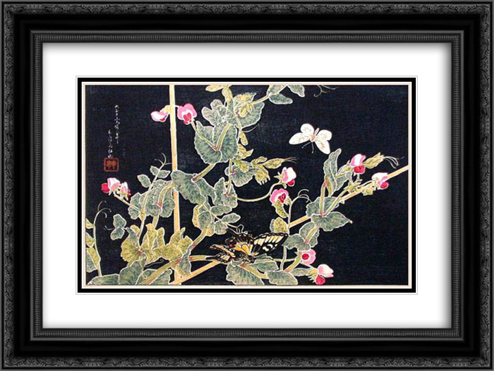 Sweetpeas and Butterflies 24x18 Black Ornate Wood Framed Art Print Poster with Double Matting by Takahashi, Shotei