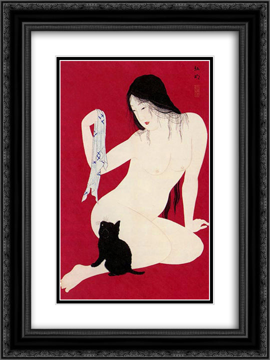Woman and Kitten 18x24 Black Ornate Wood Framed Art Print Poster with Double Matting by Takahashi, Shotei