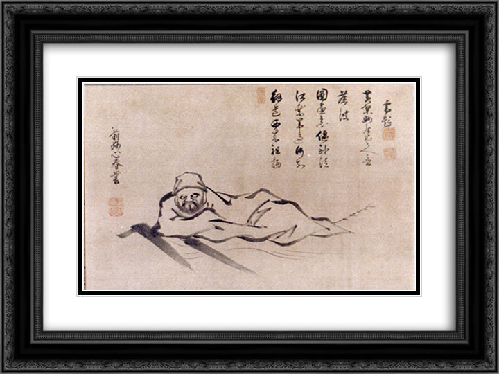 Reclining Daruma 24x18 Black Ornate Wood Framed Art Print Poster with Double Matting by Joshu, Shunso