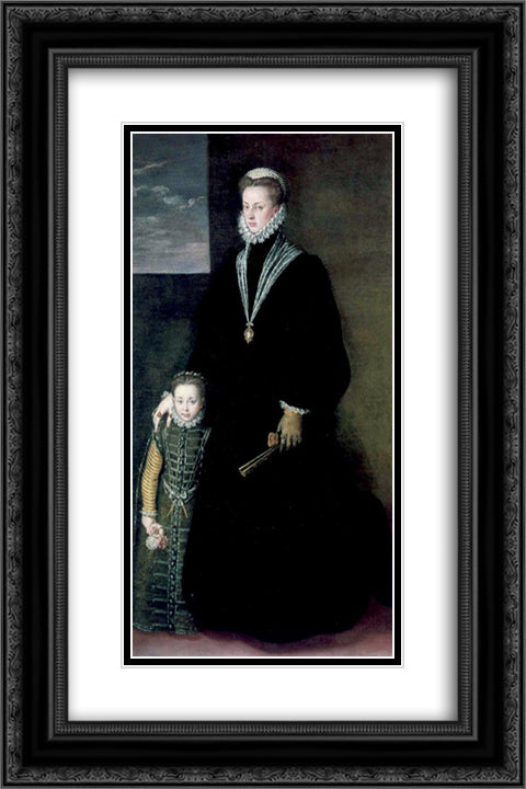 Portrait of Juana of Austria with a Young Girl 16x24 Black Ornate Wood Framed Art Print Poster with Double Matting by Anguissola, Sofonisba