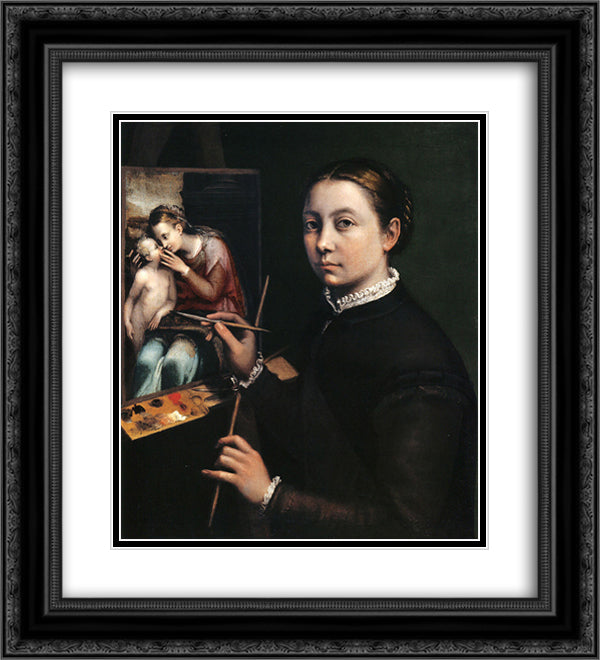 Self-portrait at the easel 20x22 Black Ornate Wood Framed Art Print Poster with Double Matting by Anguissola, Sofonisba