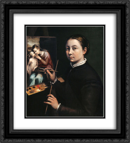 Self-portrait at the easel 20x22 Black Ornate Wood Framed Art Print Poster with Double Matting by Anguissola, Sofonisba