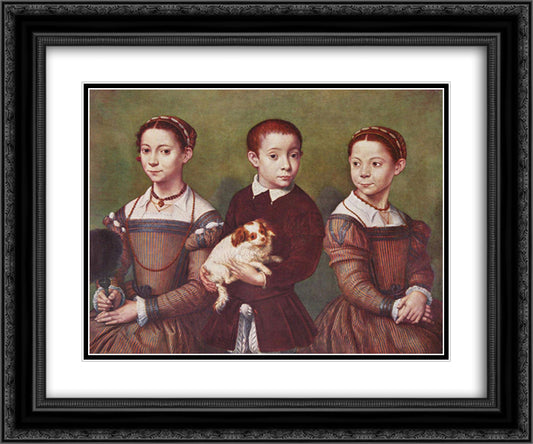 Three children with dog 24x20 Black Ornate Wood Framed Art Print Poster with Double Matting by Anguissola, Sofonisba