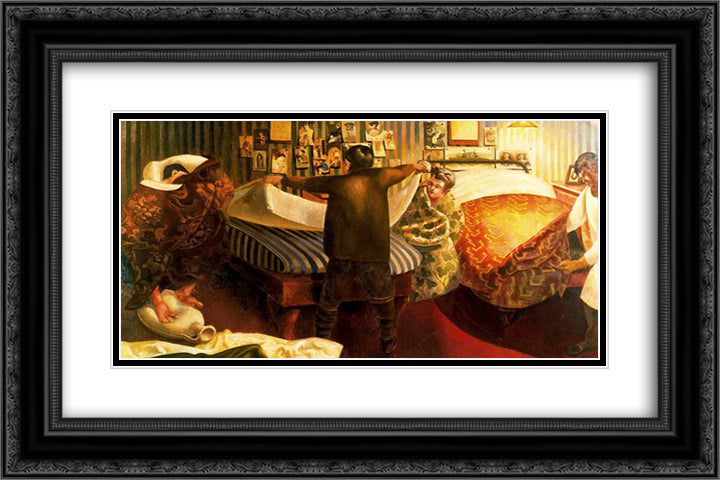 Bed making 24x16 Black Ornate Wood Framed Art Print Poster with Double Matting by Spencer, Stanley